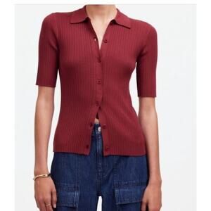 Madewell Womens Size Large Sweater Polo Maroon Button Up Rib Knit  Short Sleeves